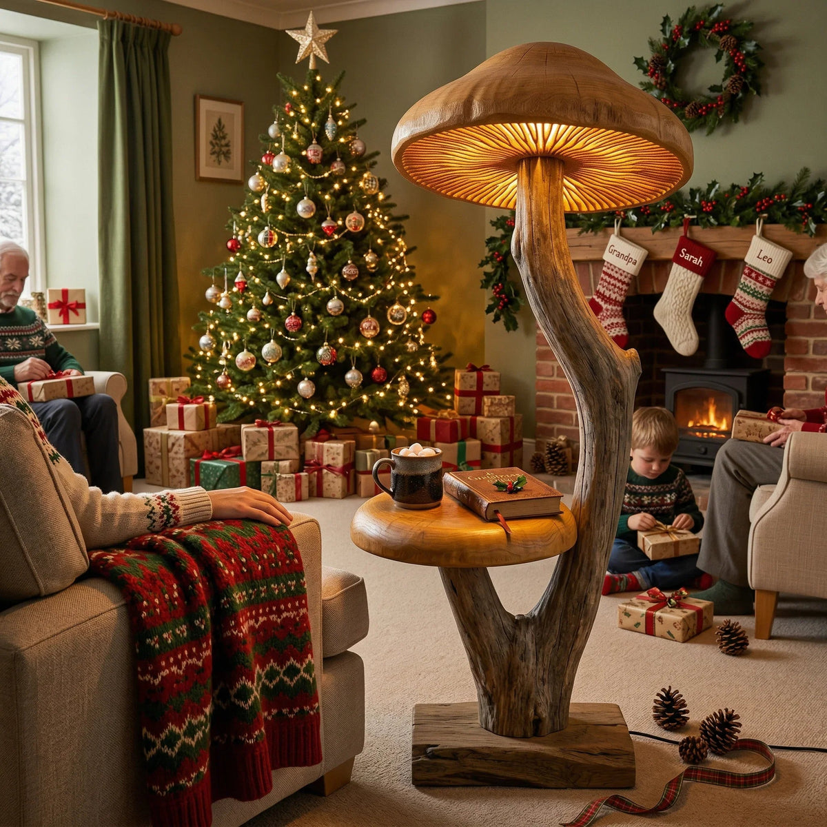 Curved driftwood mushroom floor lamp with wide glowing cap and natural wood base in a cozy holiday living room