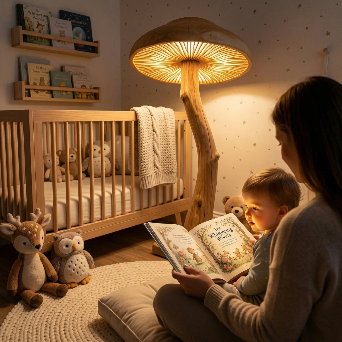 Curved driftwood mushroom floor lamp with wide glowing cap in cozy nursery beside crib and mother reading to child.