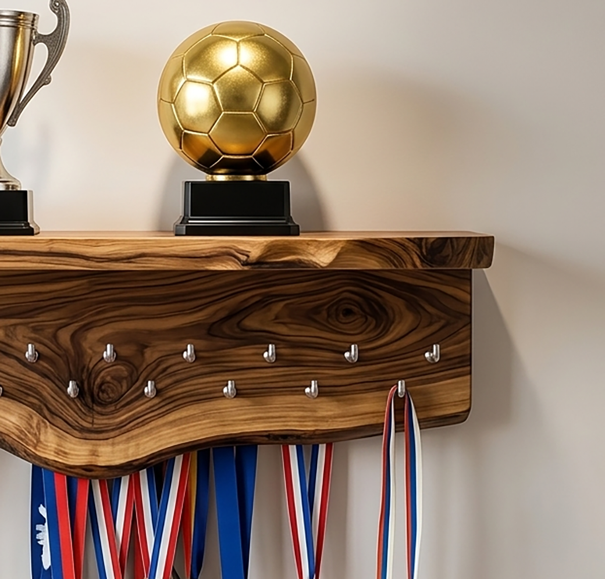 Handcrafted wooden trophy display shelf for Dad
