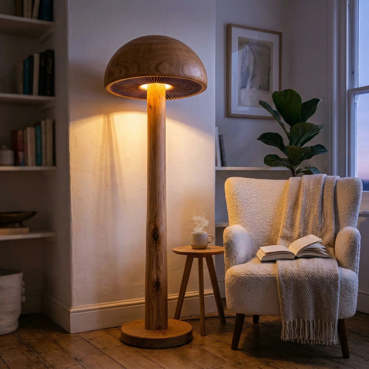 Solid wood mushroom floor lamp with carved gill detail in cozy living room corner
