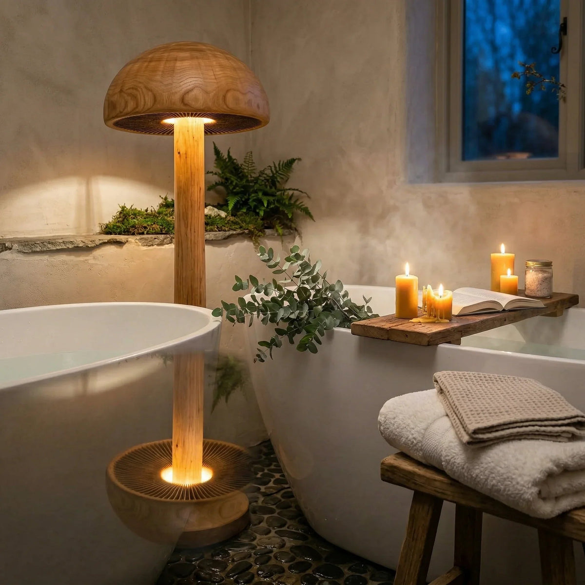 Mushroom floor lamp with carved wood gill detail beside modern bathtub, spa candles lit