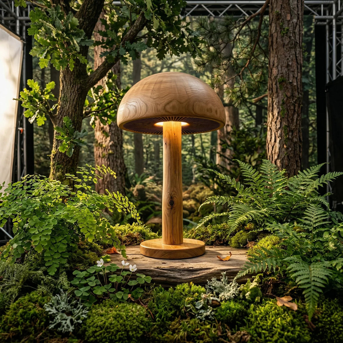 Solid wood mushroom floor lamp with carved gill detail, set in a lush forest scene