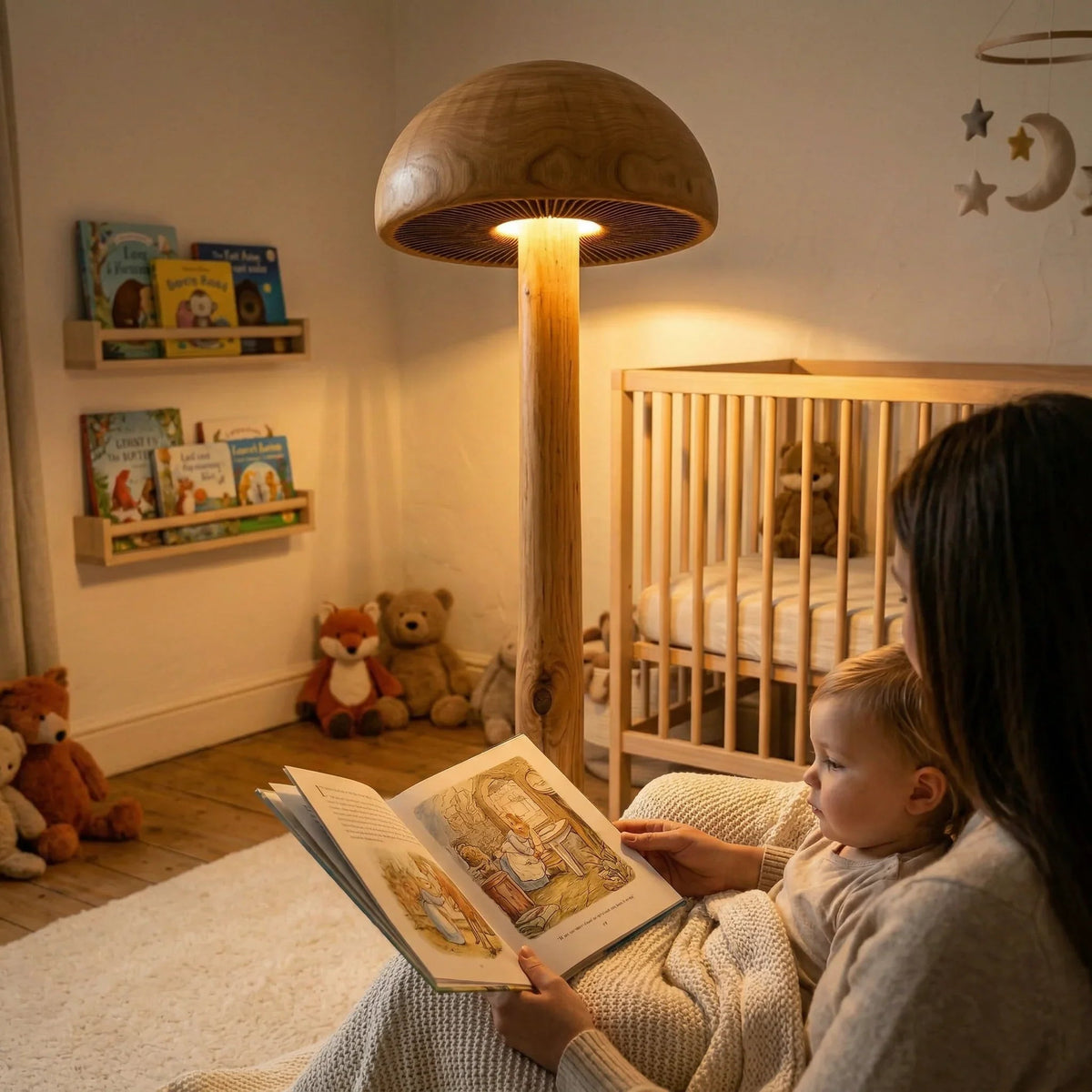 Child and adult reading by mushroom-shaped wood floor lamp in cozy nursery