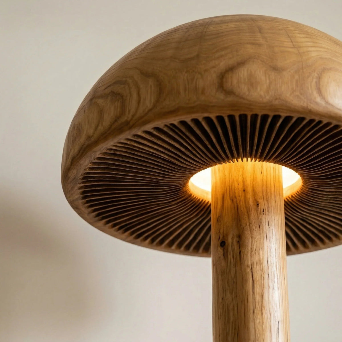Hand-carved solid wood mushroom floor lamp with gill detail and natural log stem