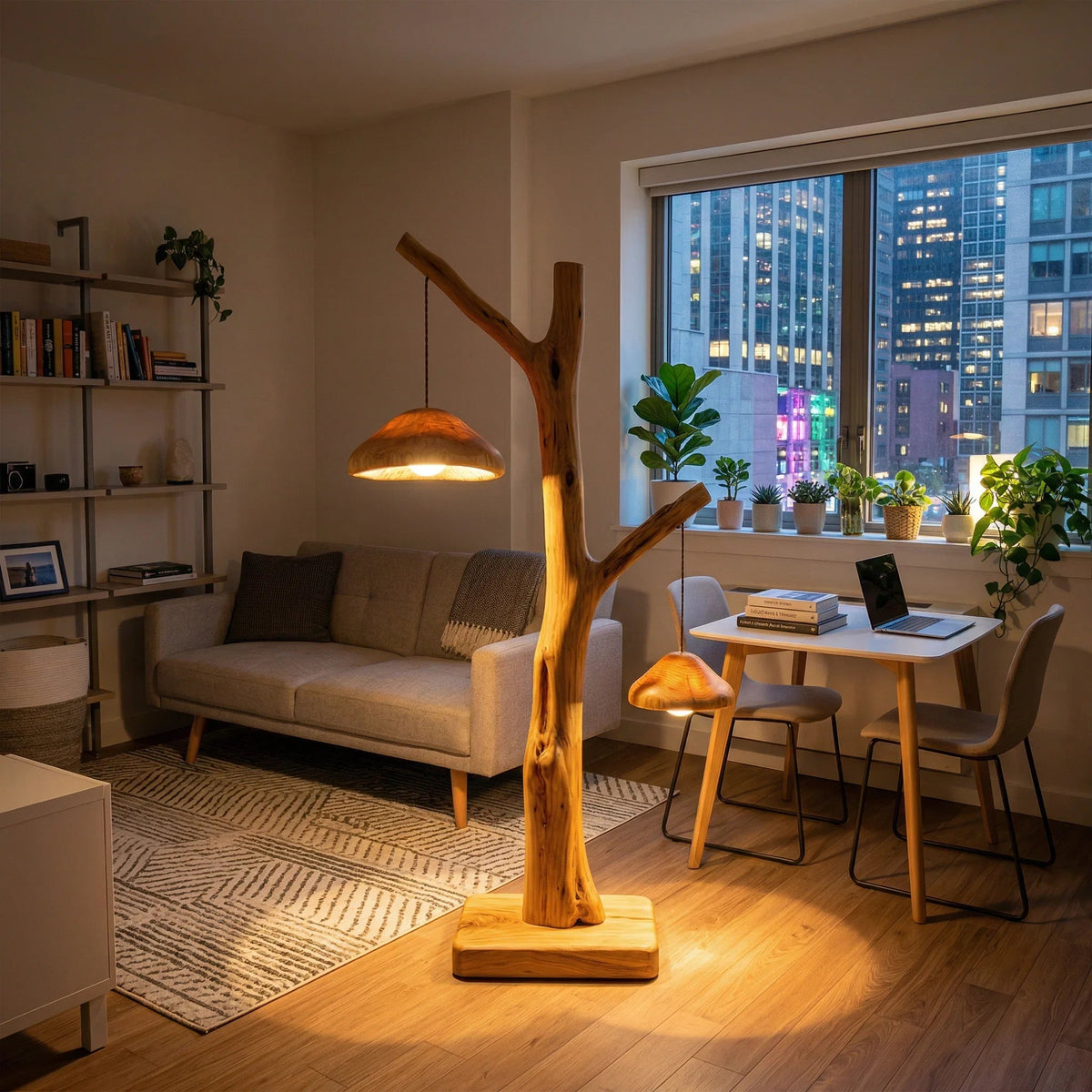 Dual pendant mushroom tree floor lamp with two glowing caps on natural wood branch base in modern living room