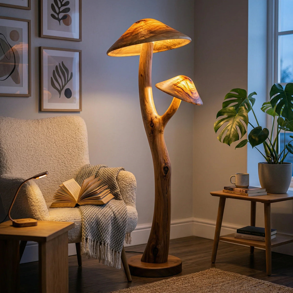 Dual mushroom floor lamp with glowing wood caps on sculpted branch stem and walnut base in cozy living room