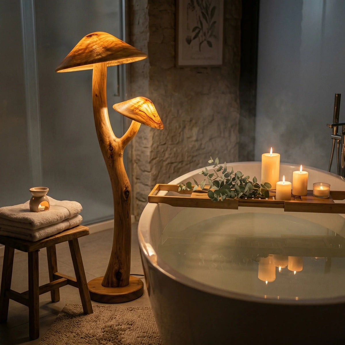 Translucent mushroom floor lamp with glowing wood caps beside bathtub and candles