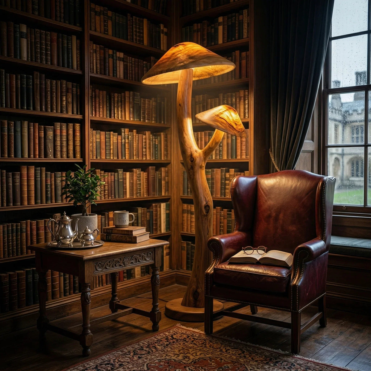 Mushroom-shaped wood floor lamp with glowing caps beside a leather chair in a cozy library