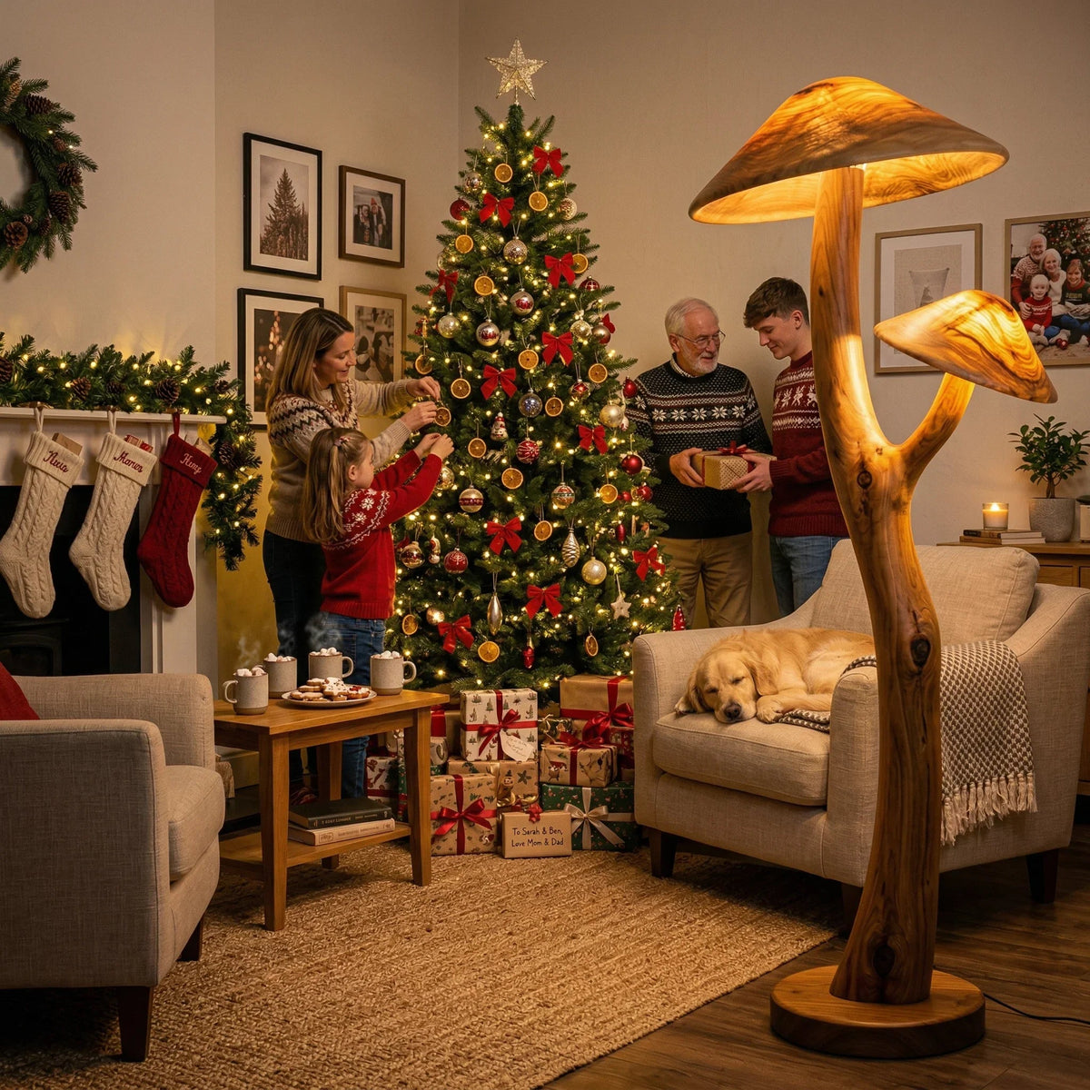Dual translucent mushroom floor lamp with glowing wood caps on sculpted wood branch base