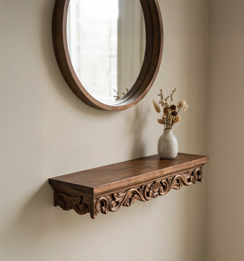 Elegant ornate floating console shelf crafted from premium solid wood