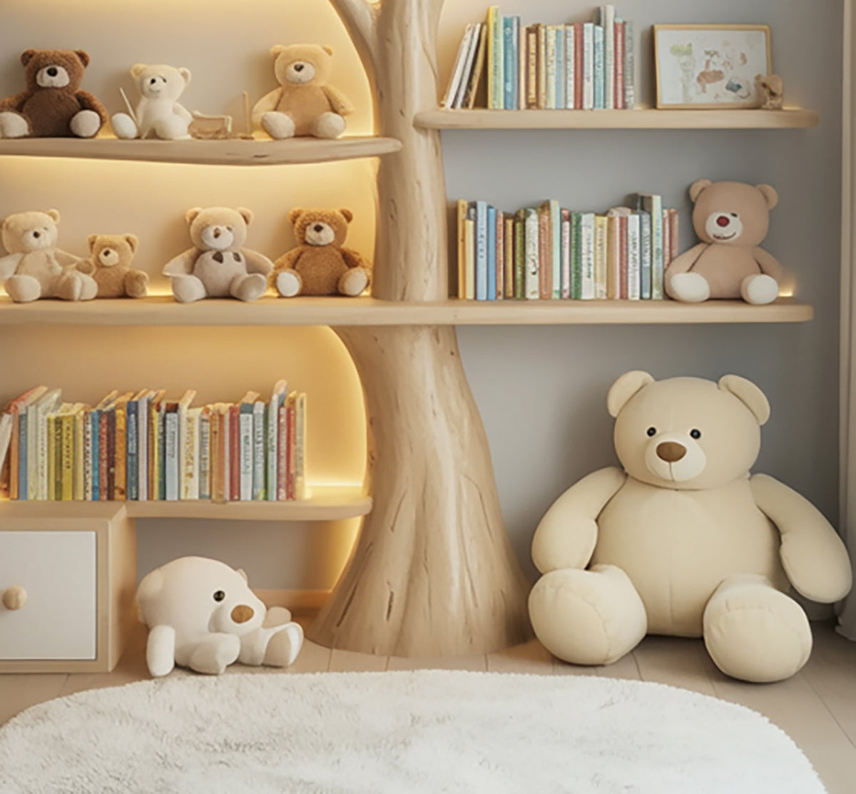 Wooden tree bookshelf in a nursery next to a large teddy bear