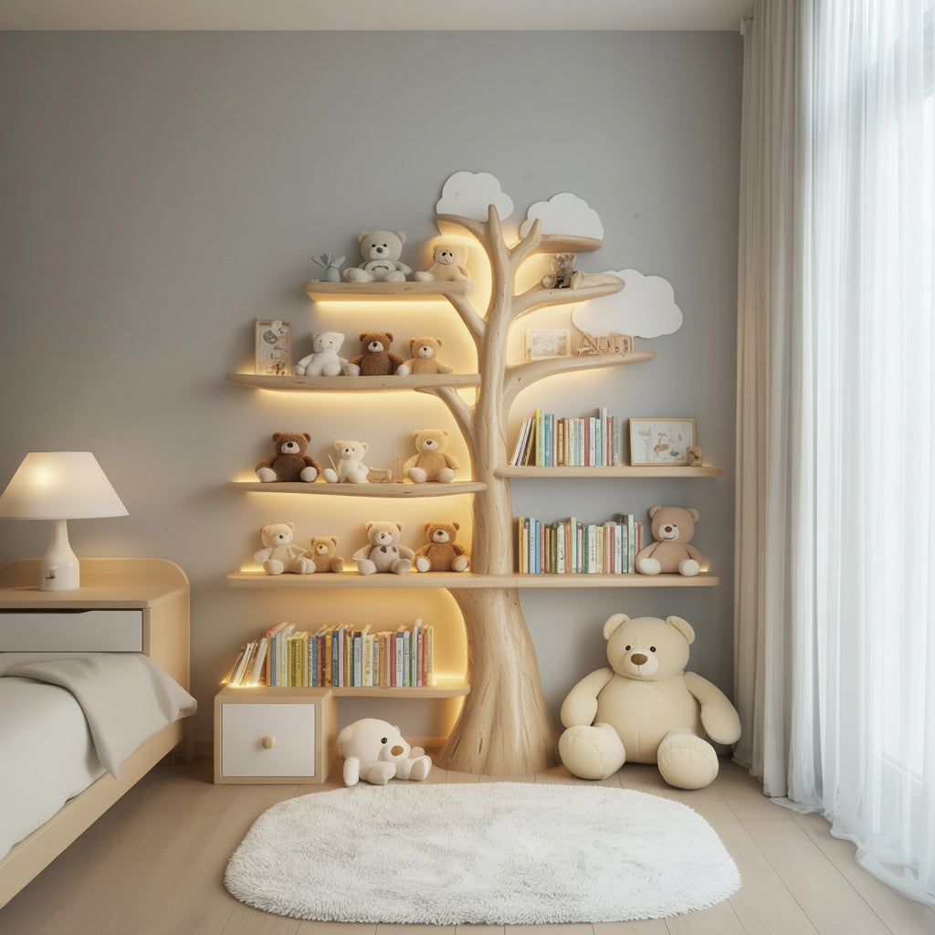 Kids tree bookshelf decorated with teddy bears and cloud shapes in a bedroom