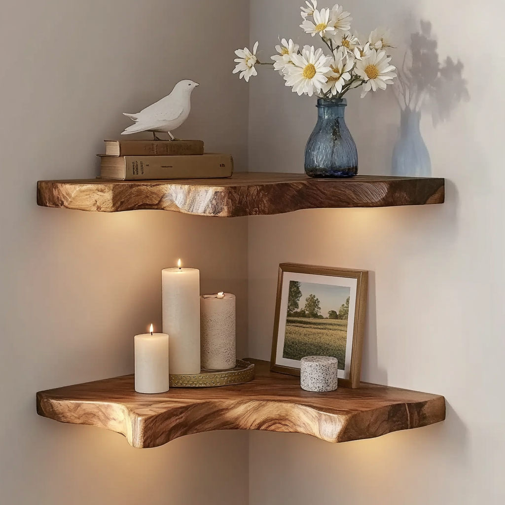Handmade wooden corner shelf for kitchen or bathroom storage