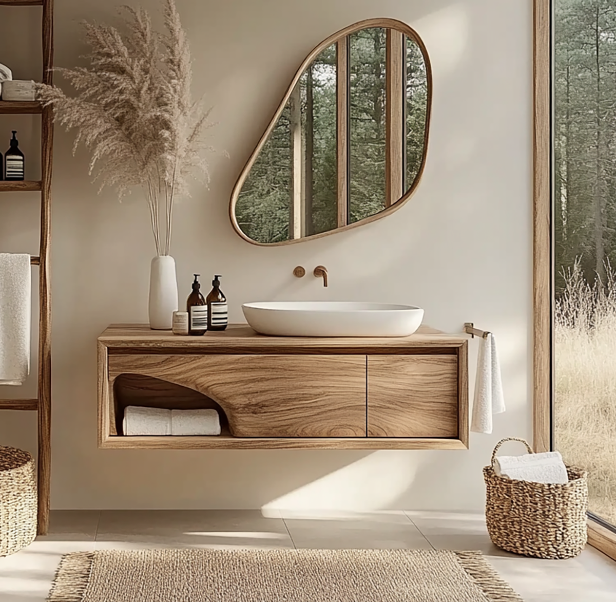 Floating live edge solid wood bathroom vanity