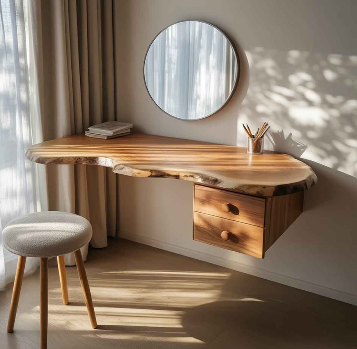 Solid wood makeup desk with minimalist sculptural style