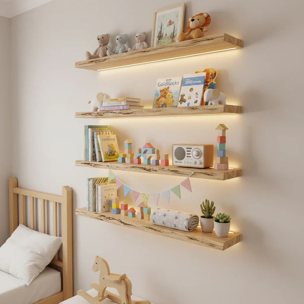 wooden floating shelves mounted on nursery wall displaying baby books and decorative items