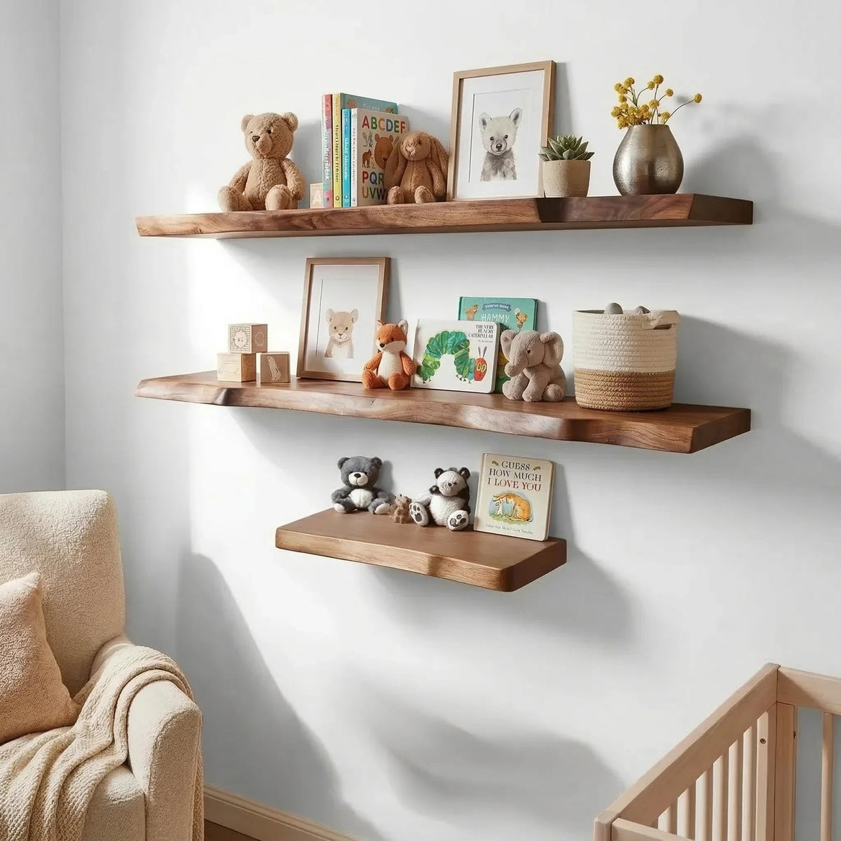 personalized solid wood nursery shelves in kids room with books, toys, and decor items