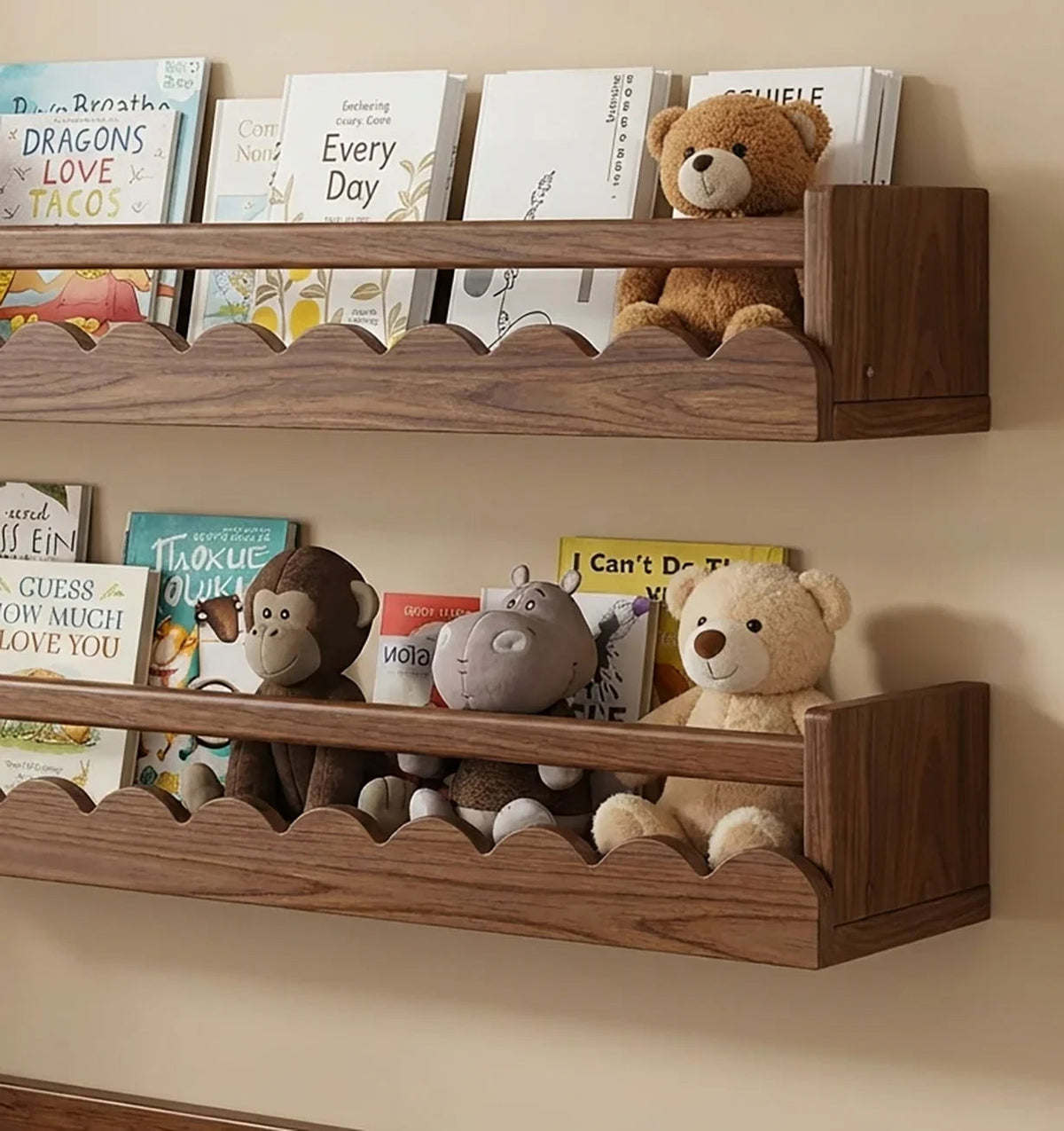 live edge nursery shelves made from solid wood with books and toys displayed in kids room
