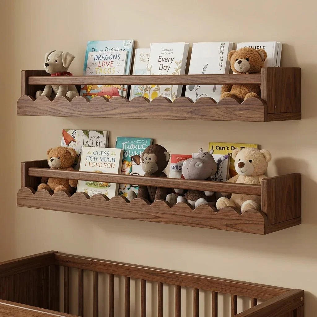 live edge nursery shelves made from solid wood with books and toys displayed in kids room