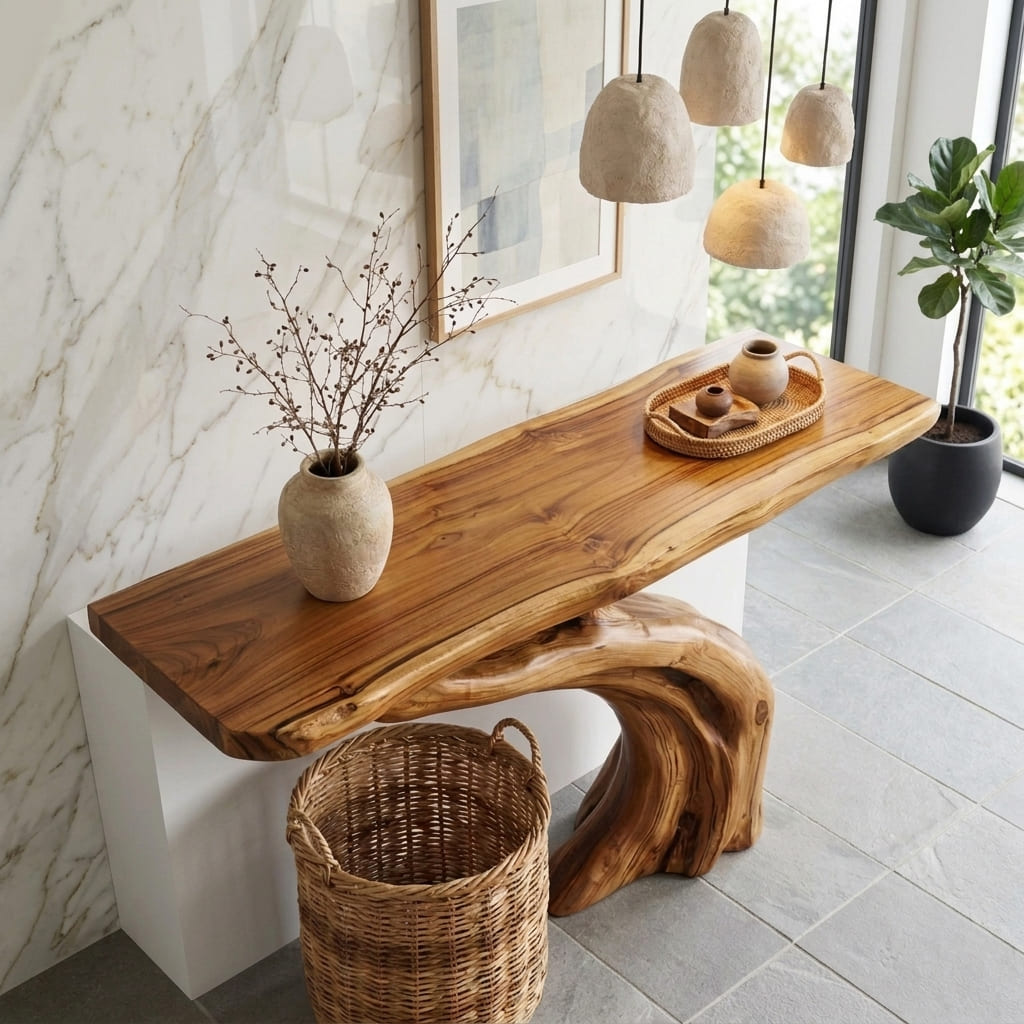 Sculptural entryway table in handcrafted wood