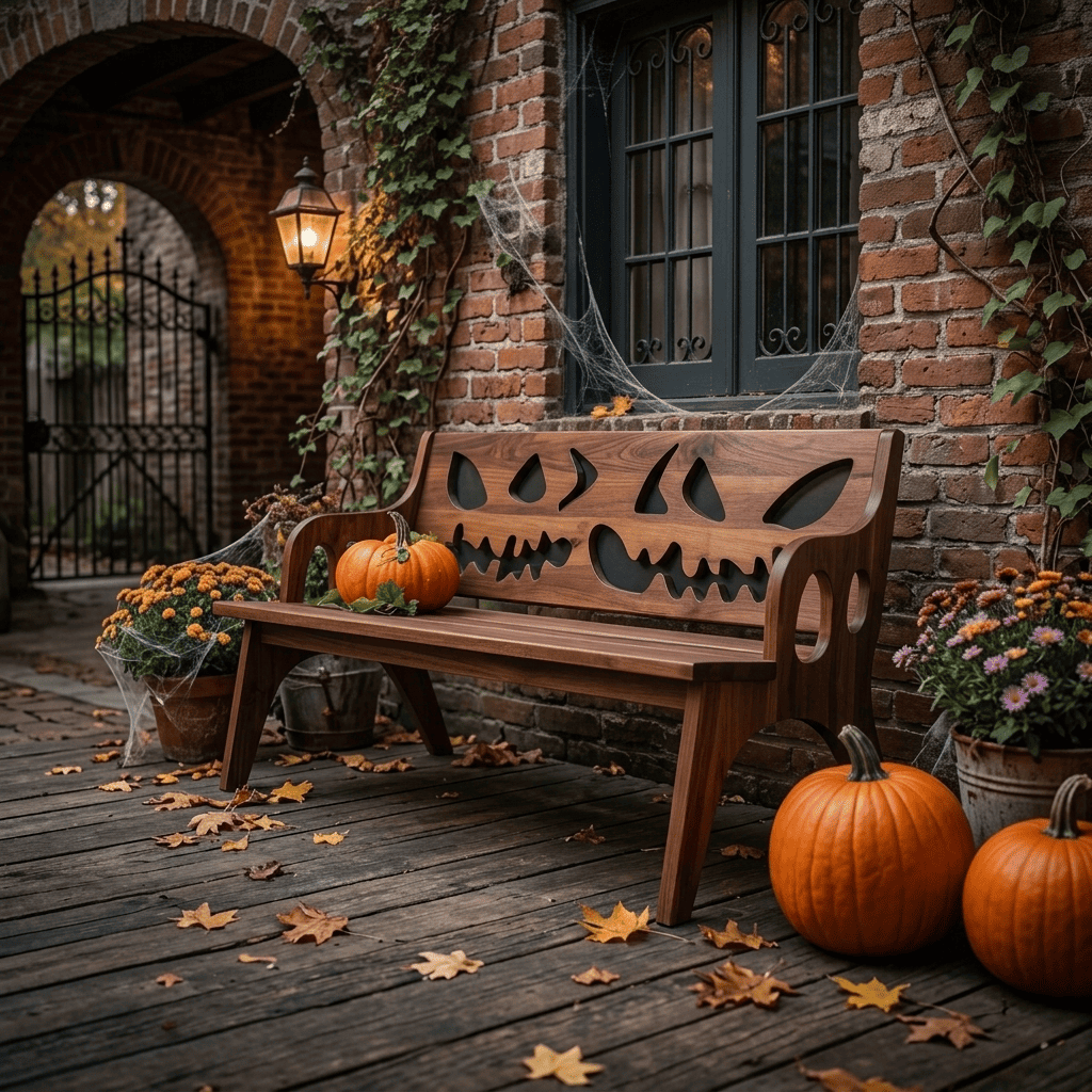 Handcrafted Halloween Jack-o'-lantern solid wood bench on a front porch