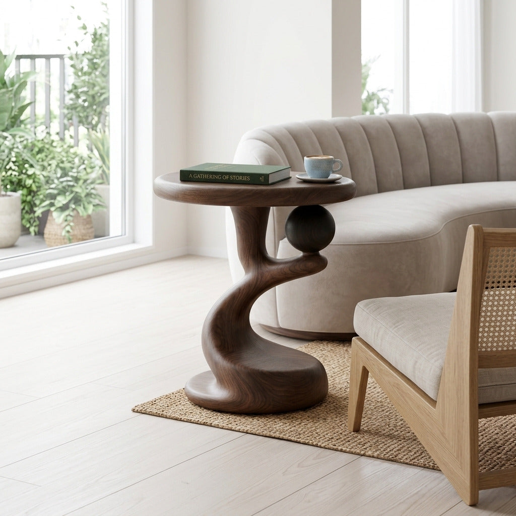 Sculptural solid wood sphere end table designed to enhance stylish and inviting living spaces