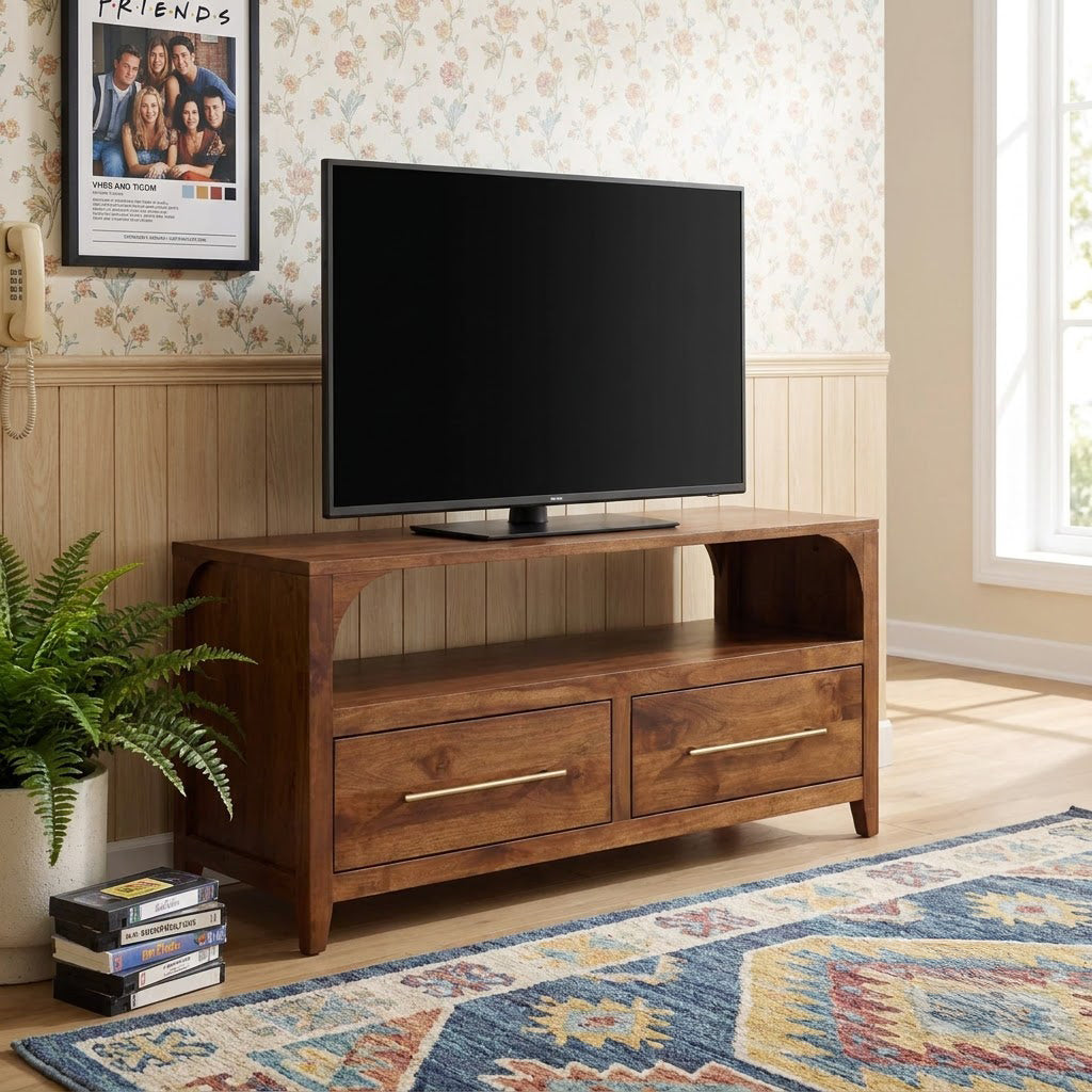 Arched entertainment console crafted from solid wood