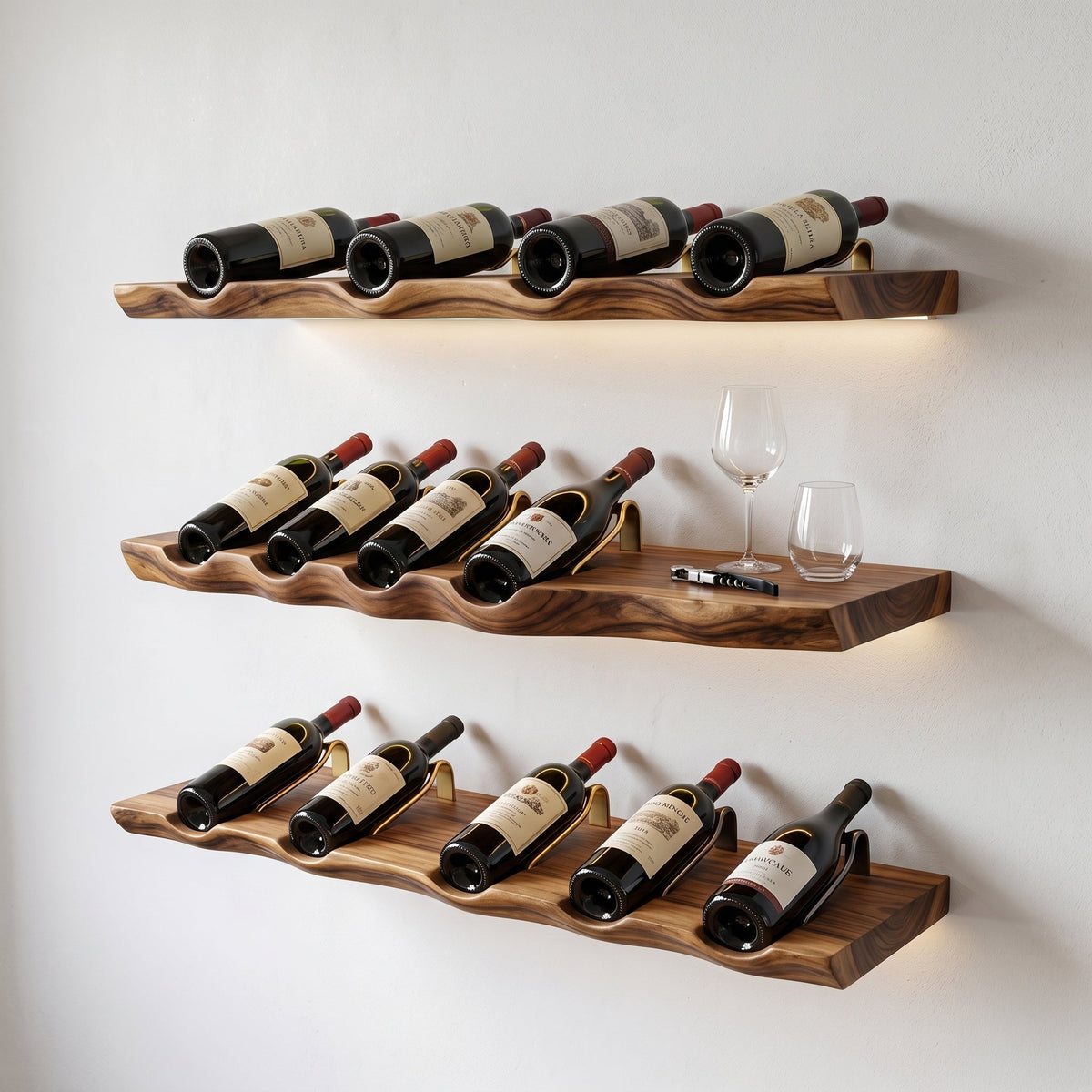 Wooden wine and liquor display shelf for entertaining spaces
