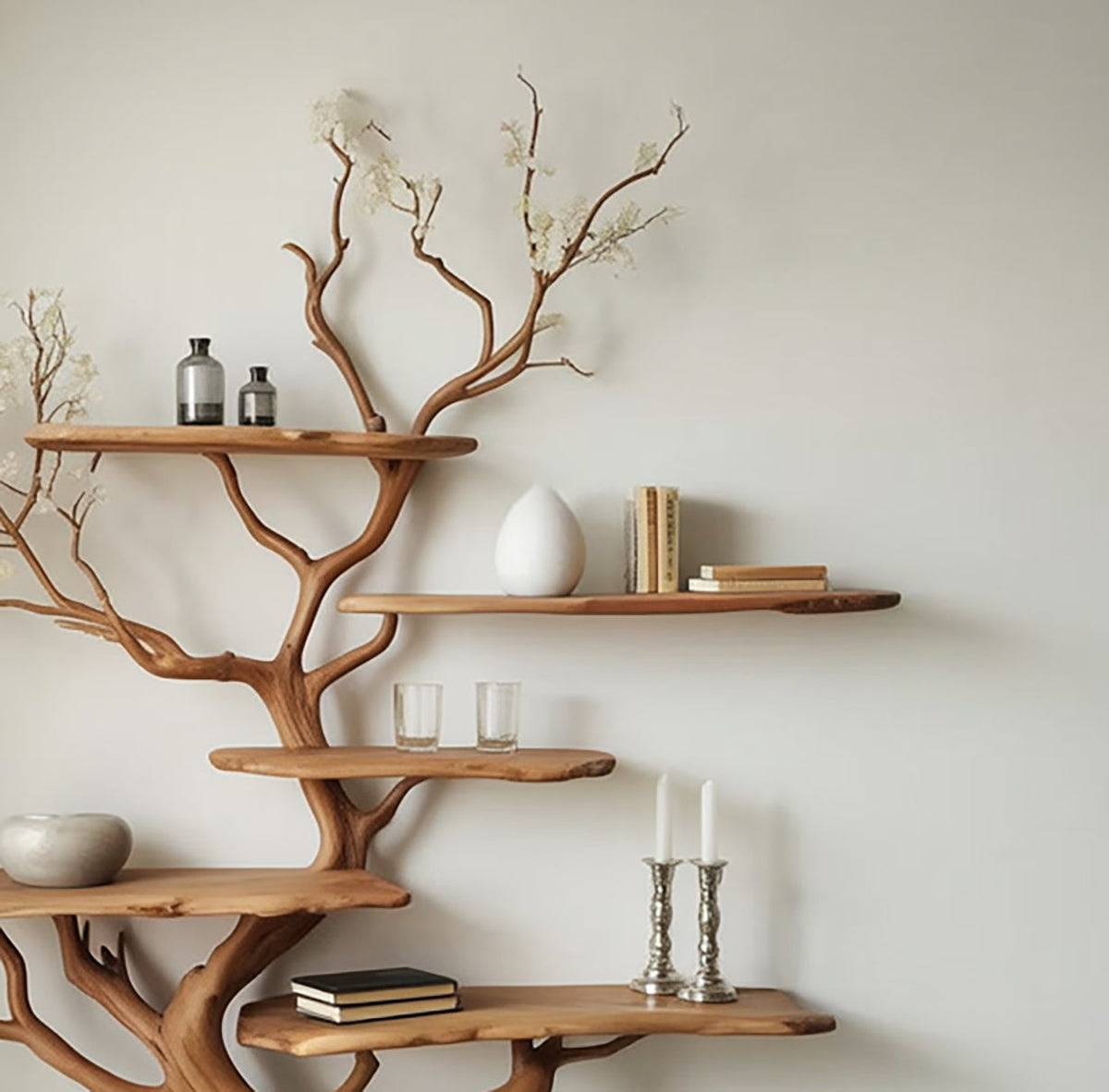 Wood tree bookshelf featuring delicate white flowers and decorative ceramic pieces