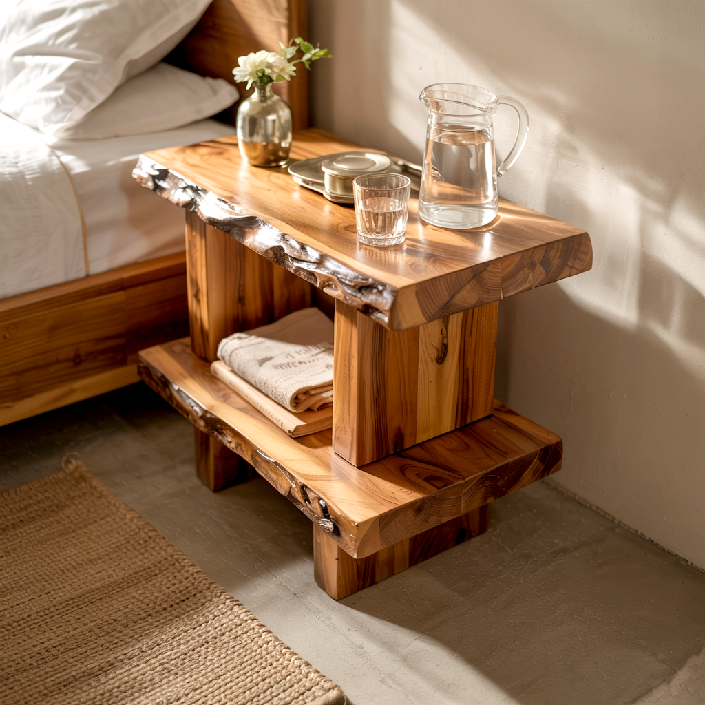 Two tier wood bedside table with sculptural silhouette