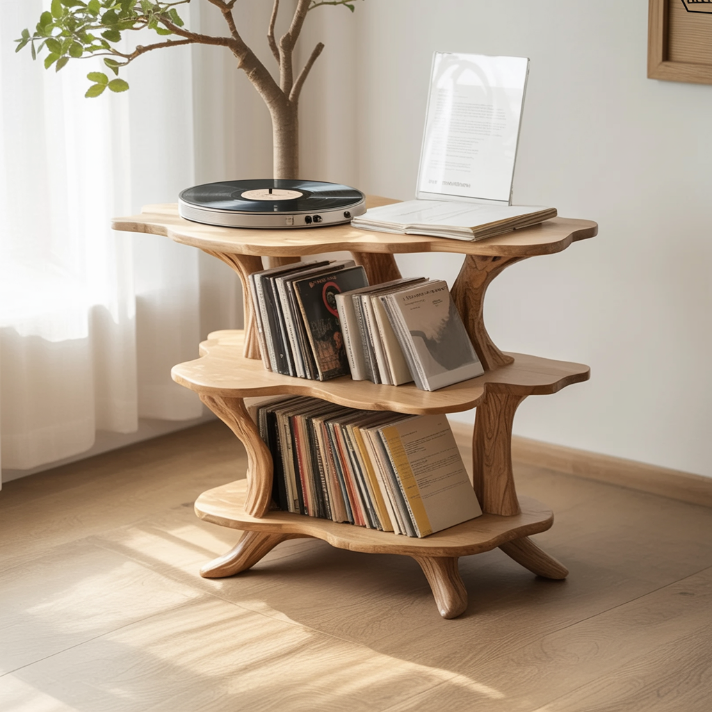 Japandi style wooden vinyl table next to a sunny window