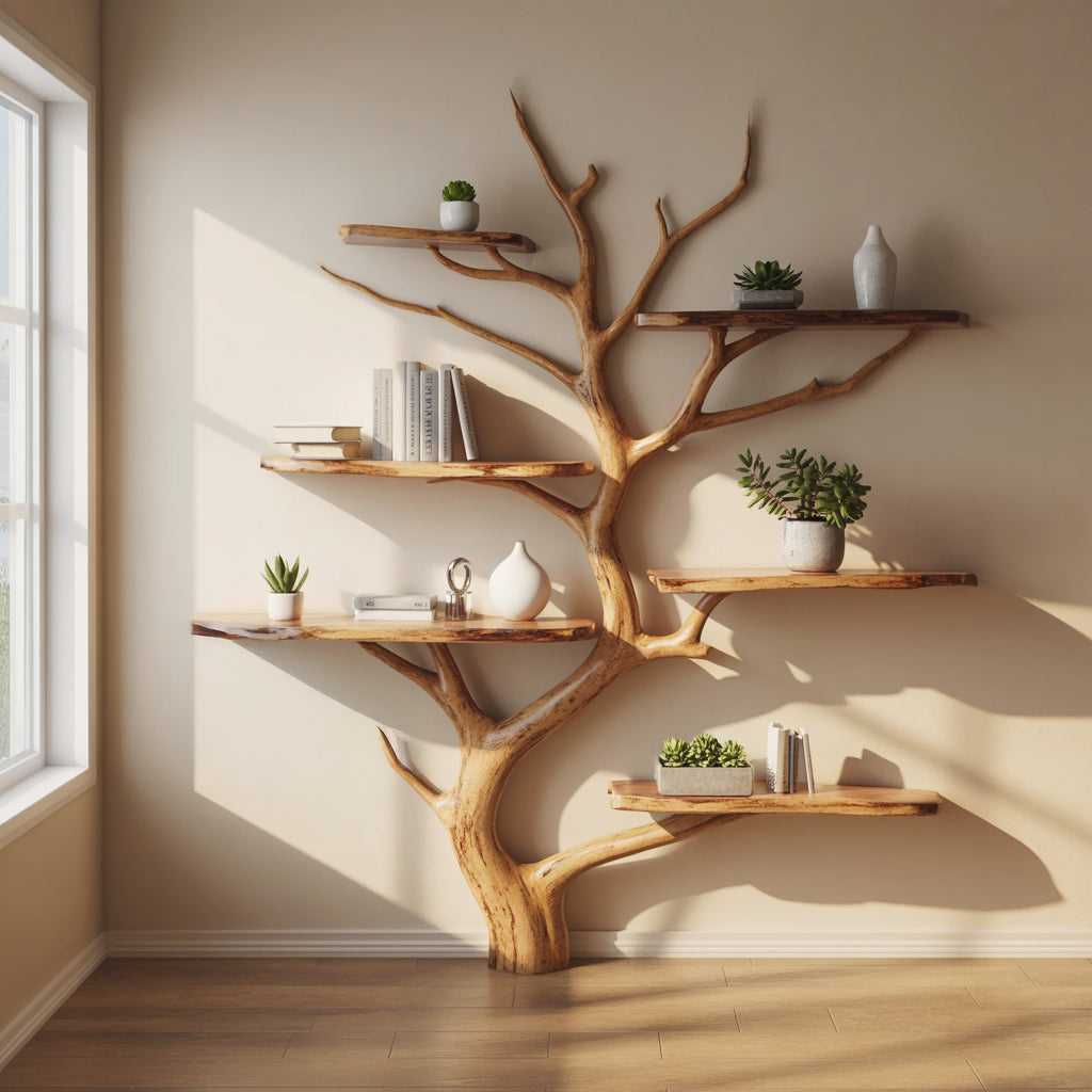 Tree shaped wall shelf for nursery or living room interiors