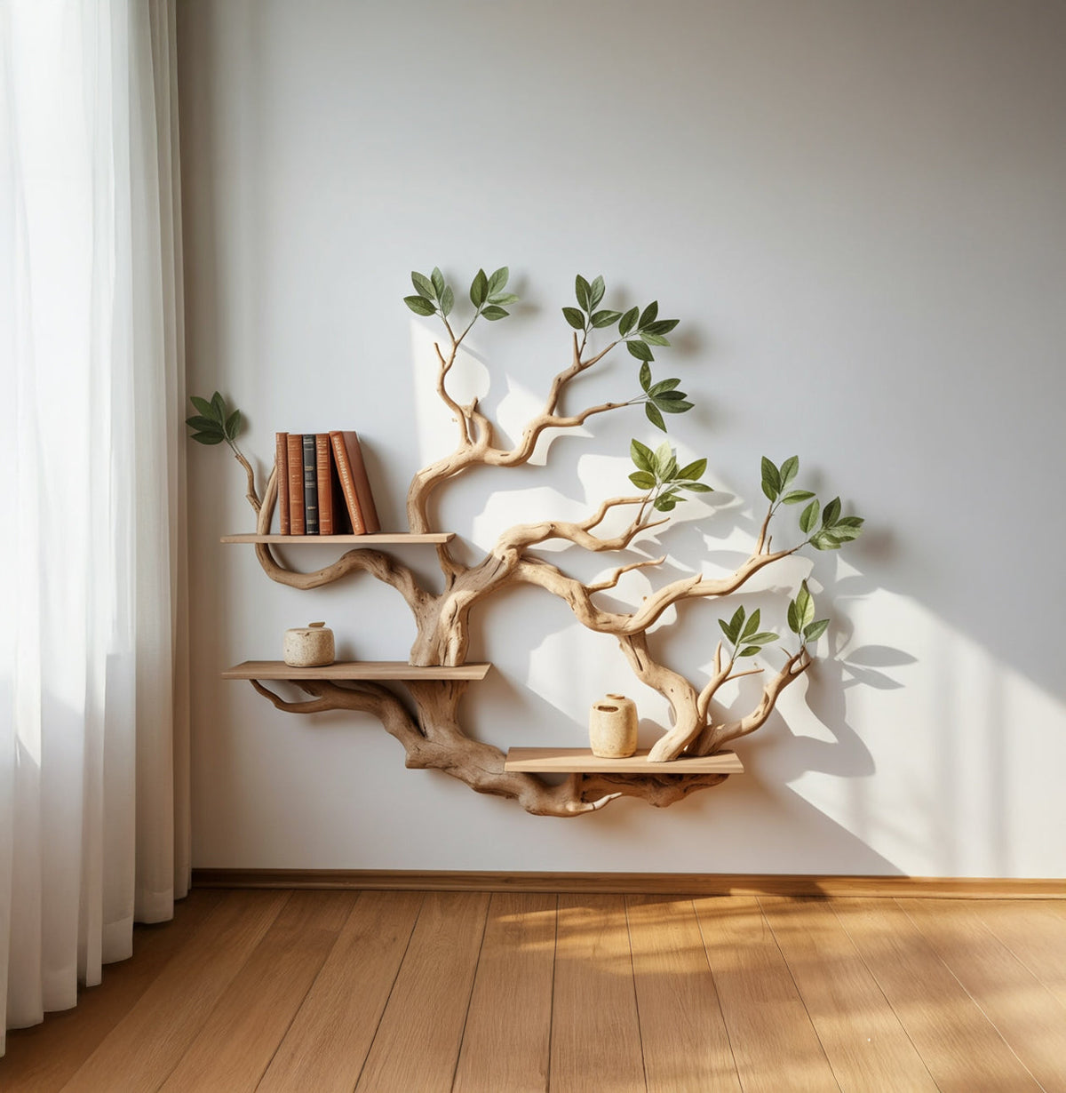 Floating tree bookshelf with small green leaves casting shadows on white wall
