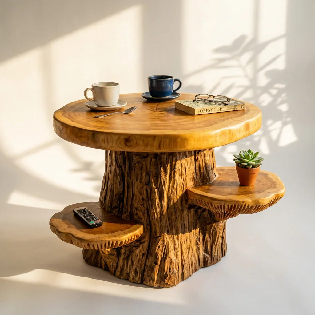 Mushroom Tree Side Table with Round Top and 2 Cap Shelves, Handcrafted Two-Tone Solid Wood Table for Living Room, Bedroom, Sofa Side - Ashdeco 2026