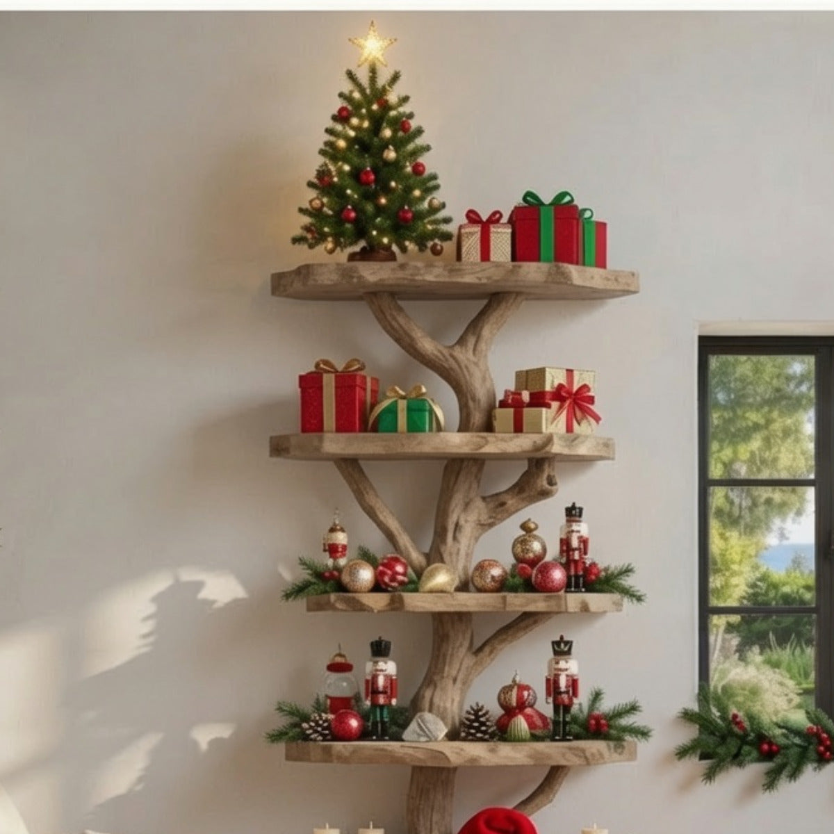 Handcrafted Tree-Inspired Christmas Solid Wood Floor Bookshelf