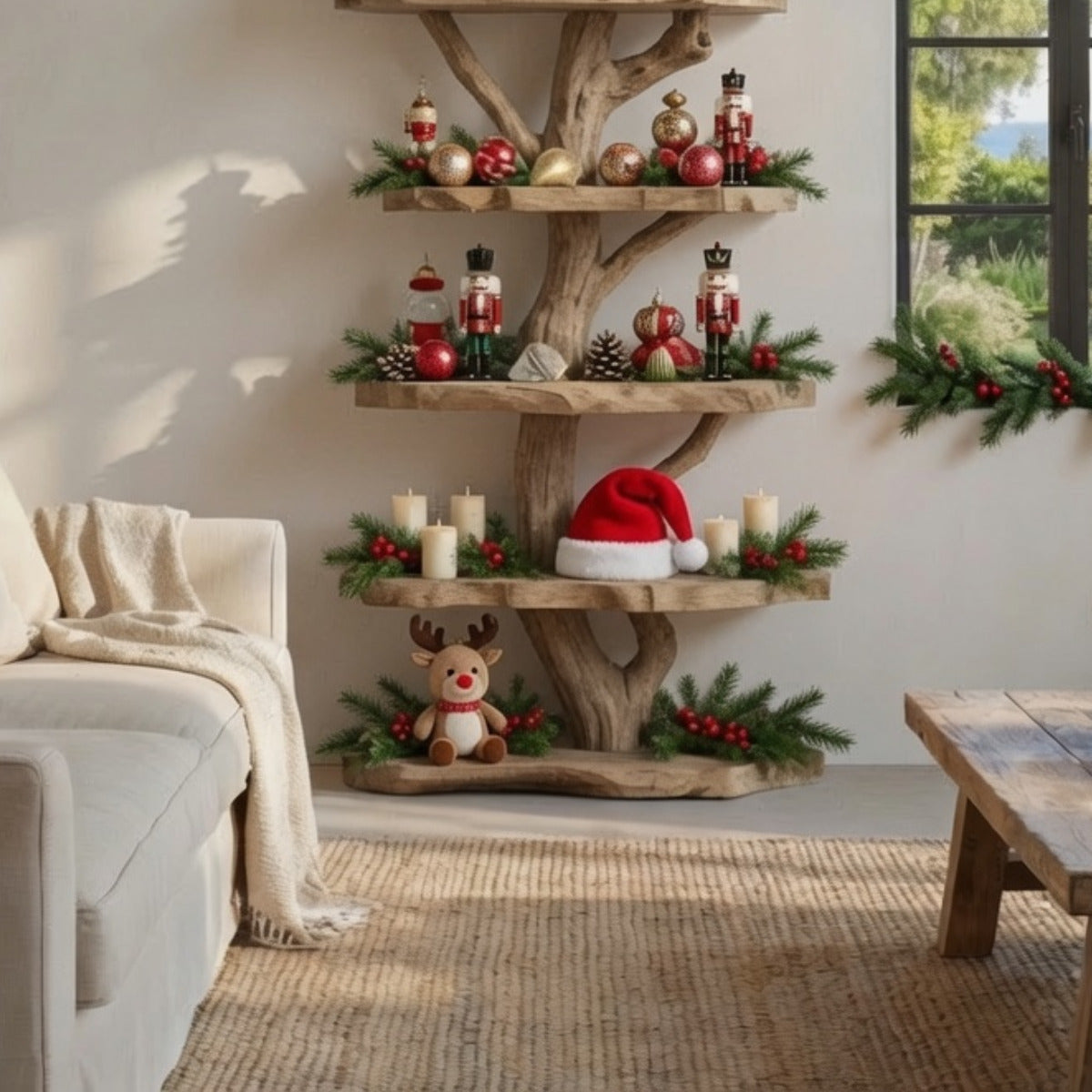 Handcrafted Tree-Inspired Christmas Solid Wood Floor Bookshelf