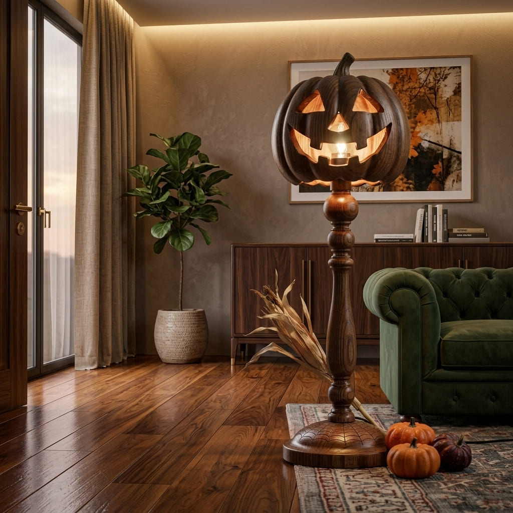 Handcrafted wooden Jack-o'-lantern floor lamp in a Halloween living room