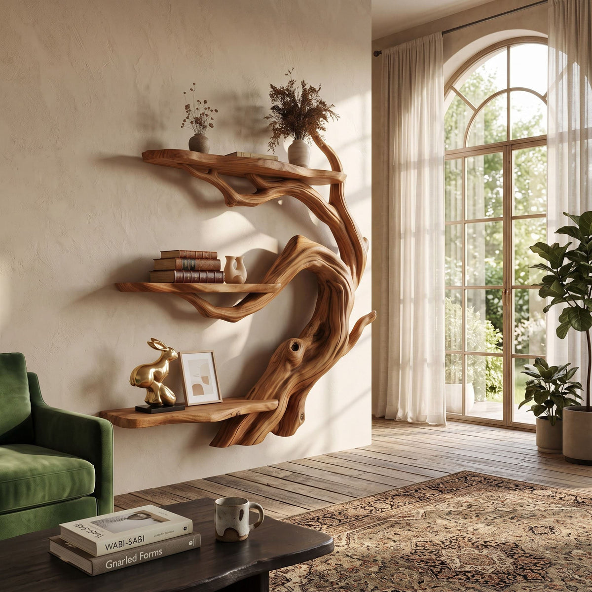 Option 2: Sculptural natural wood 3-tier art display shelf for a living room