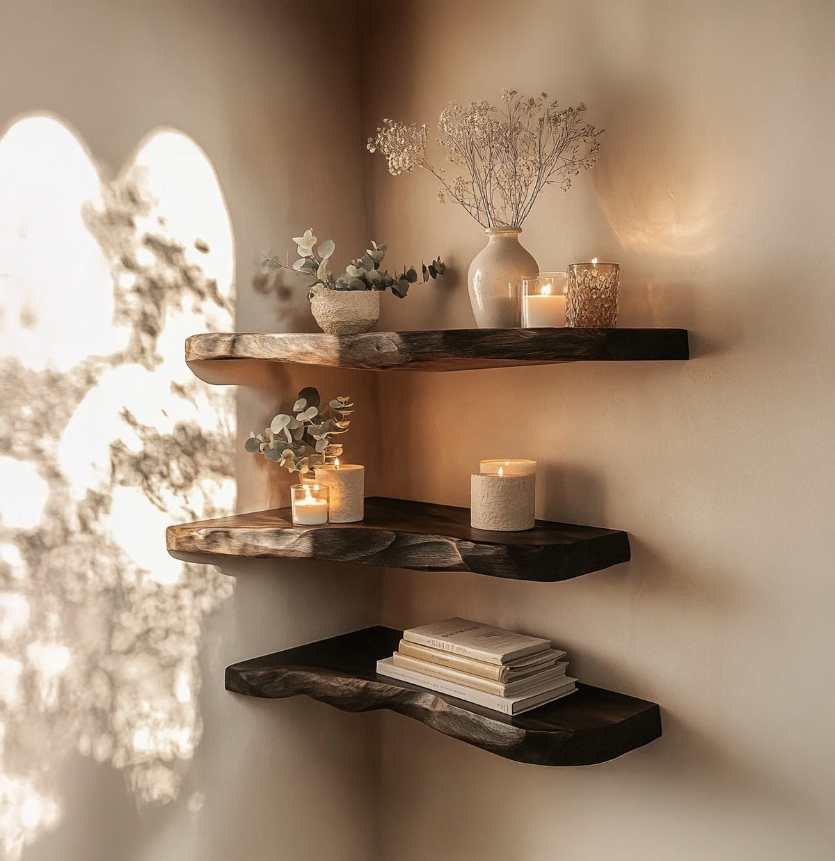 Live edge floating corner shelves made from natural wood