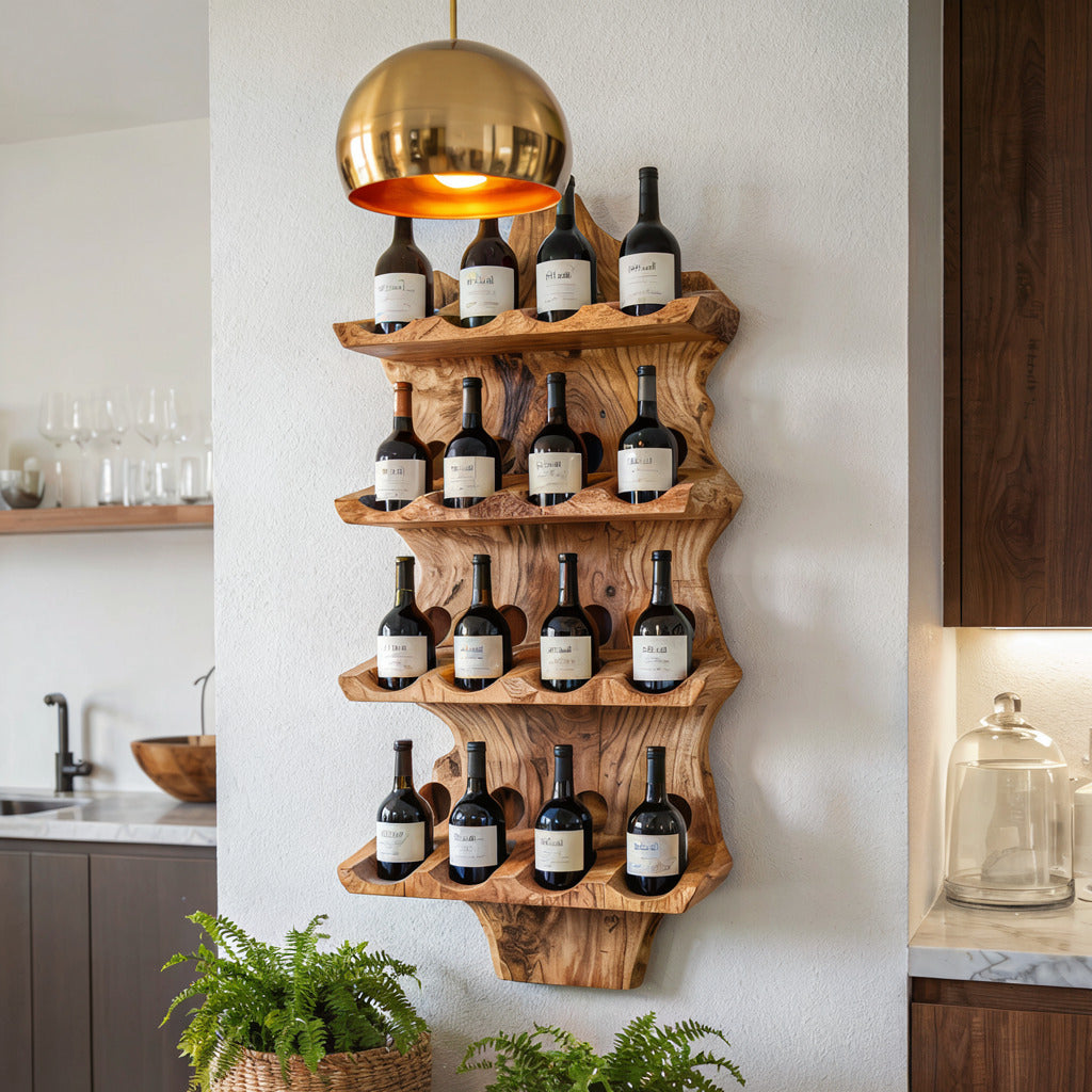 Rustic solid wood wall wine rack enhancing a cozy dining area