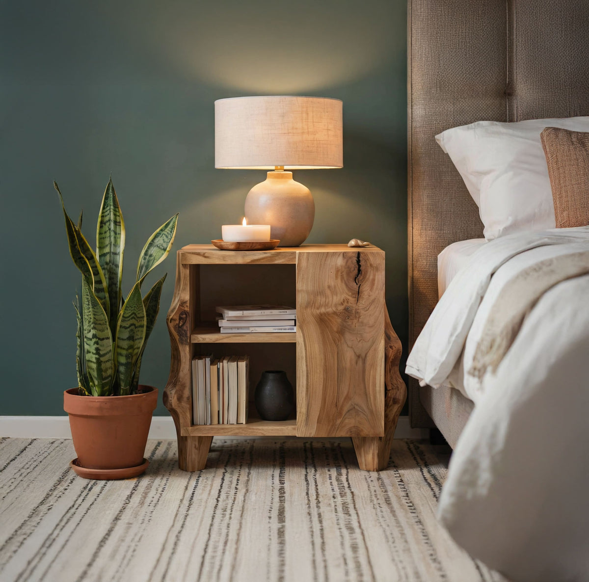 Solid wood Japandi nightstand displayed beside a minimalist bedroom setting