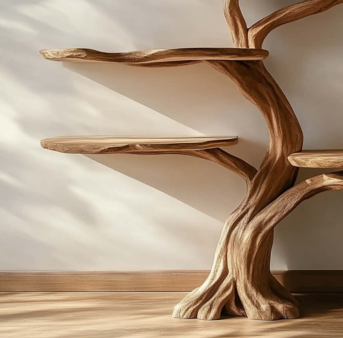 Sculptural wooden tree bookshelf with live edge branches