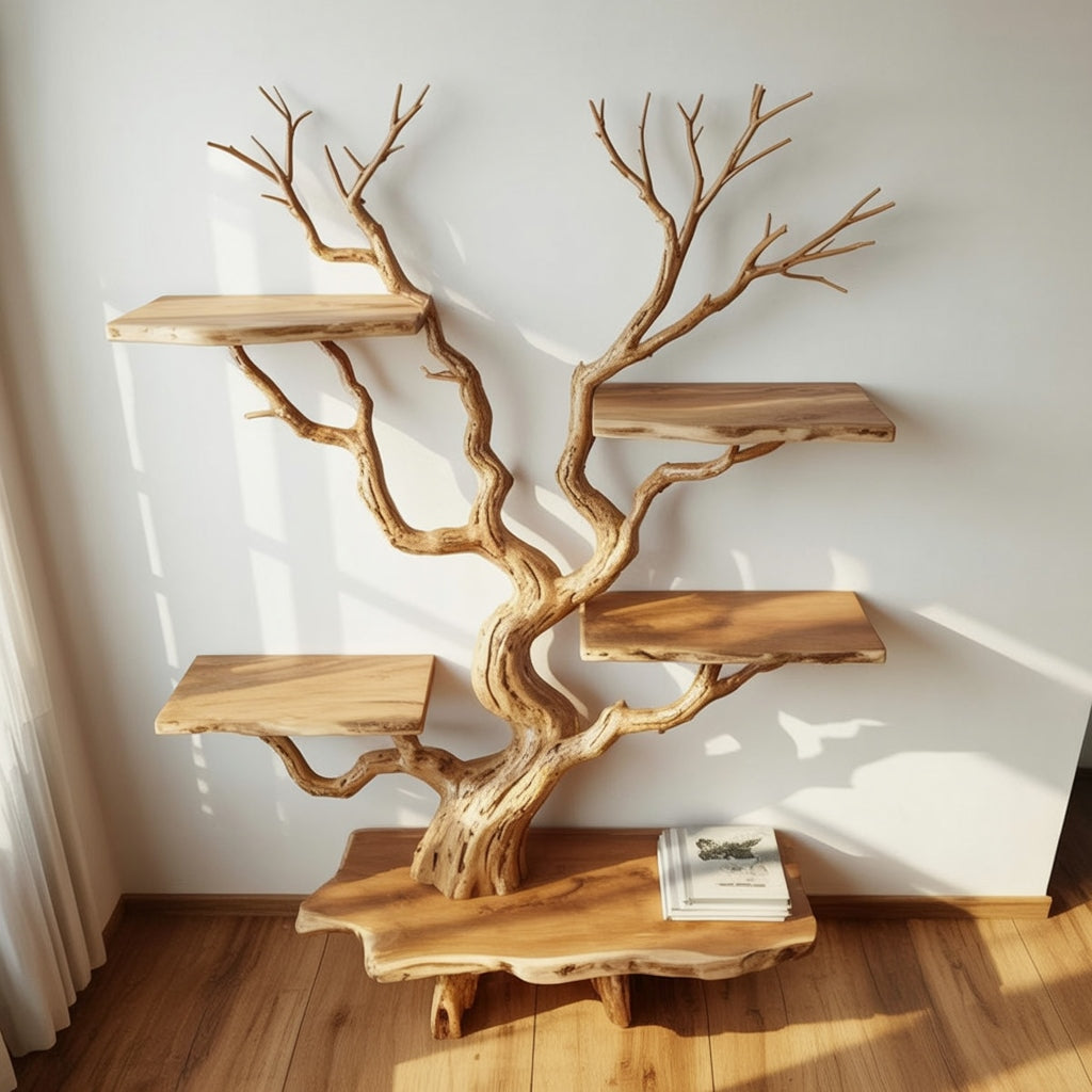Live edge tree branch bookshelf crafted from premium solid wood