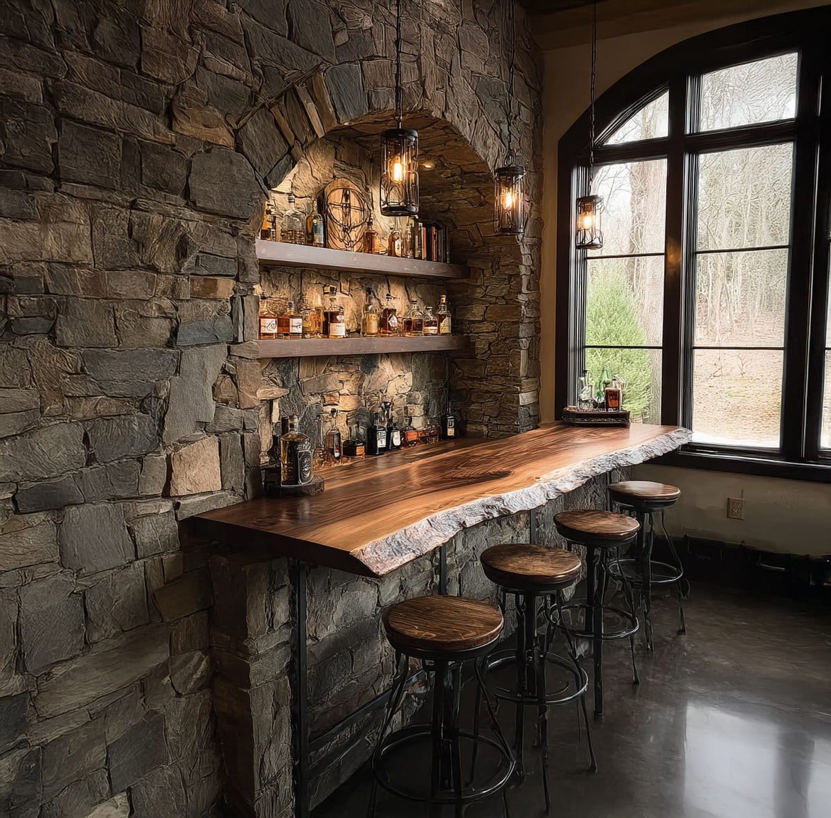 Wall mounted floating bar table made of natural solid wood with industrial bar stools