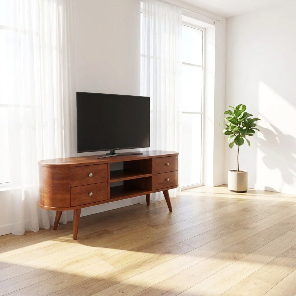 Curved solid wood TV stand displayed in a minimalist living room