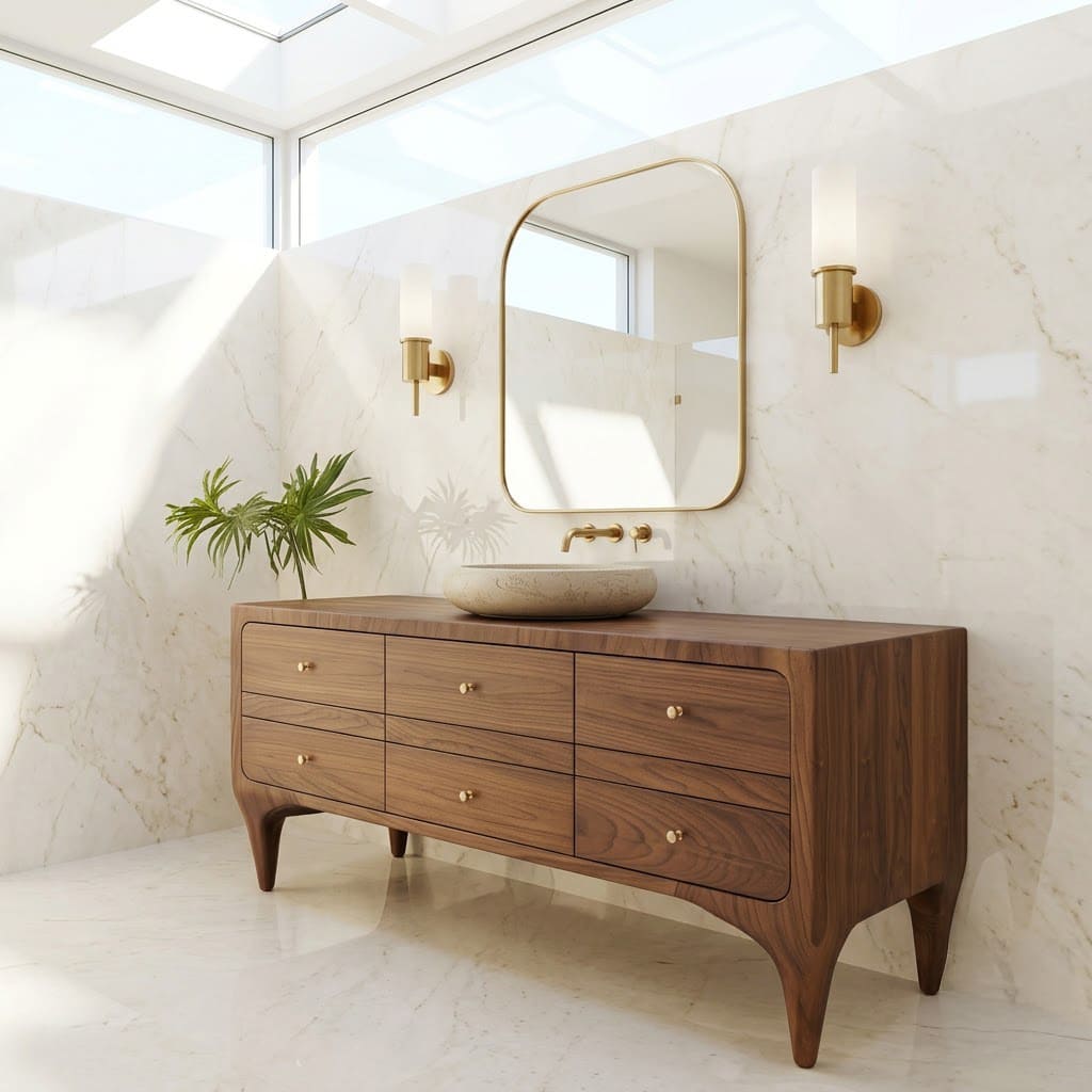 Sculptural solid wood bathroom vanity with intricate hand-carved circle details for stylish modern spaces