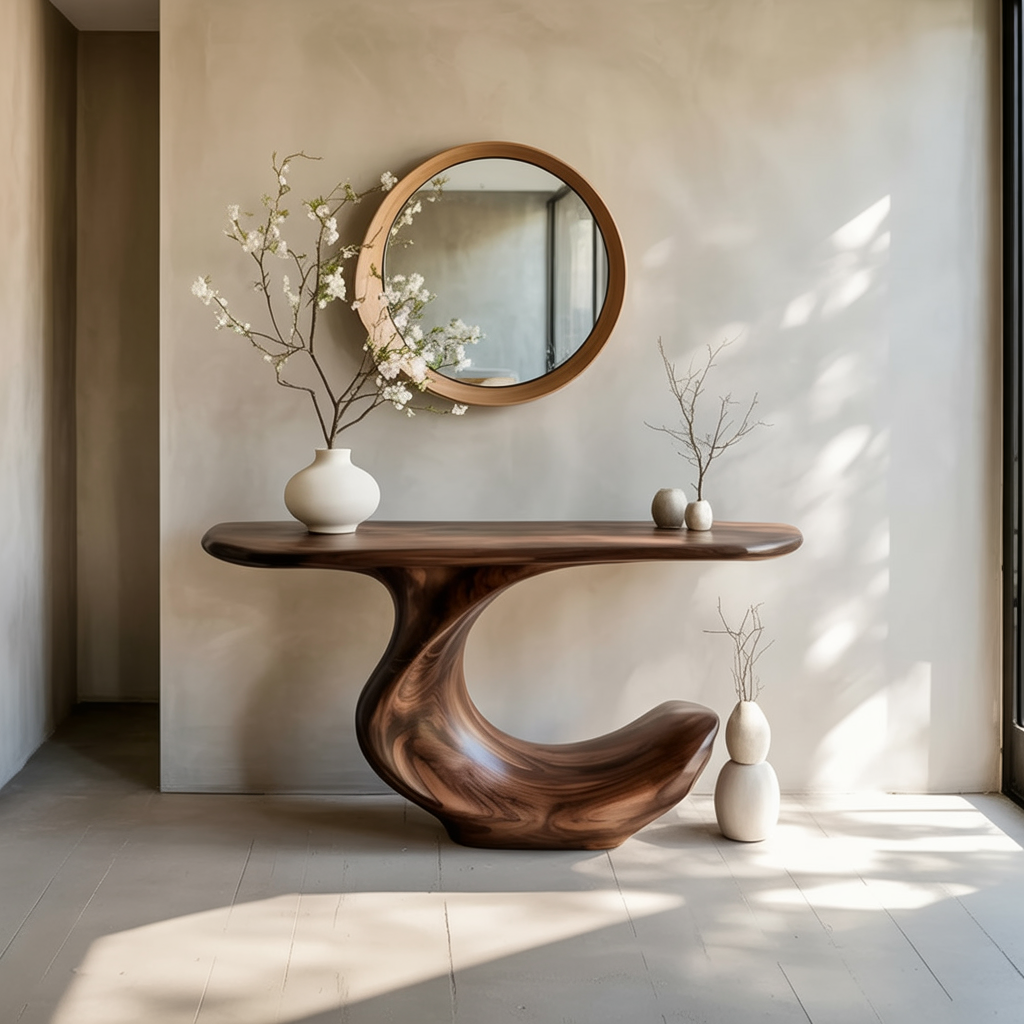 Flowing wood console table for entryway or foyer interiors