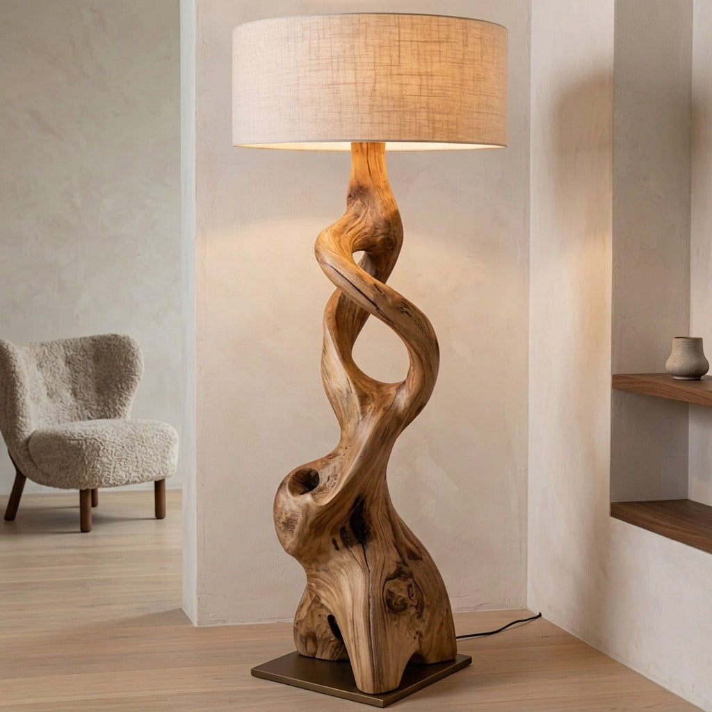 Modern sculptural floor lamp in natural solid wood