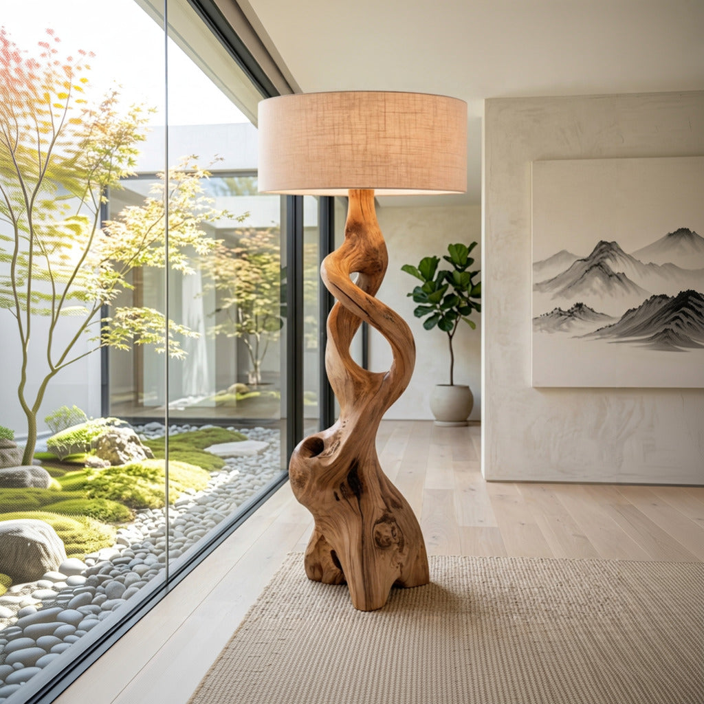 Organic sculptural floor lamp in a luxury lounge with modern décor