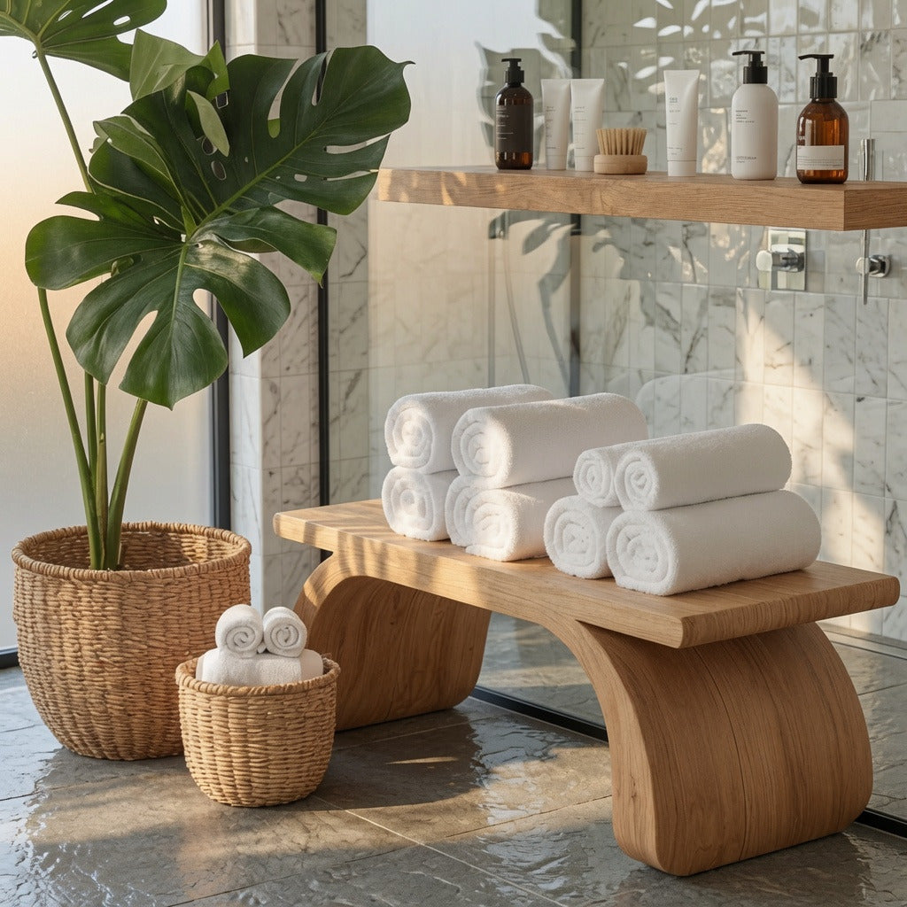 Natural hardwood shower bench enhancing a minimalist bathroom interior